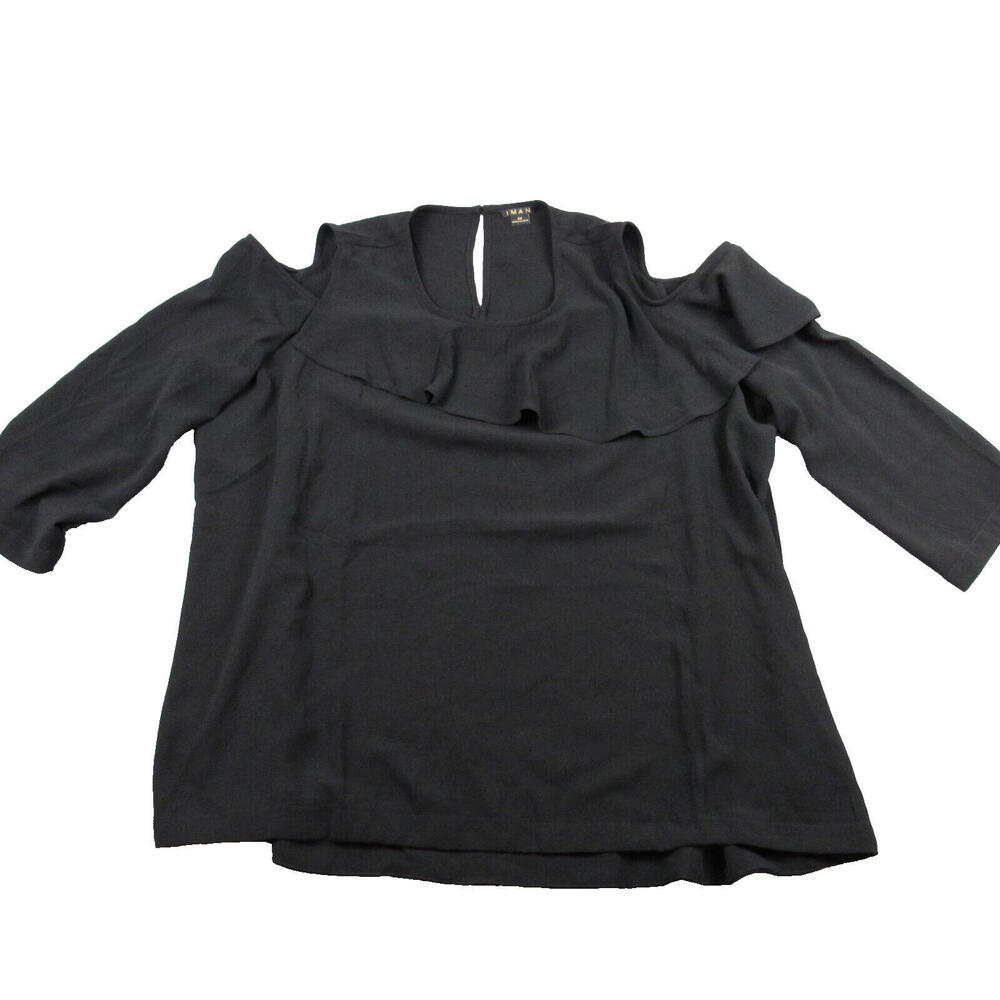 IMAN Black Cold Shoulder Ruffle‎ Neck Long Sleeve Top Plus Size 2X
